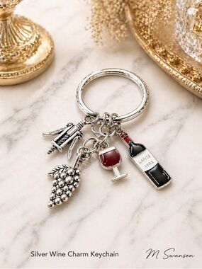 NEW Silver Wine Charm Keychain – Bottle Glass Grapes Corkscrew NWT